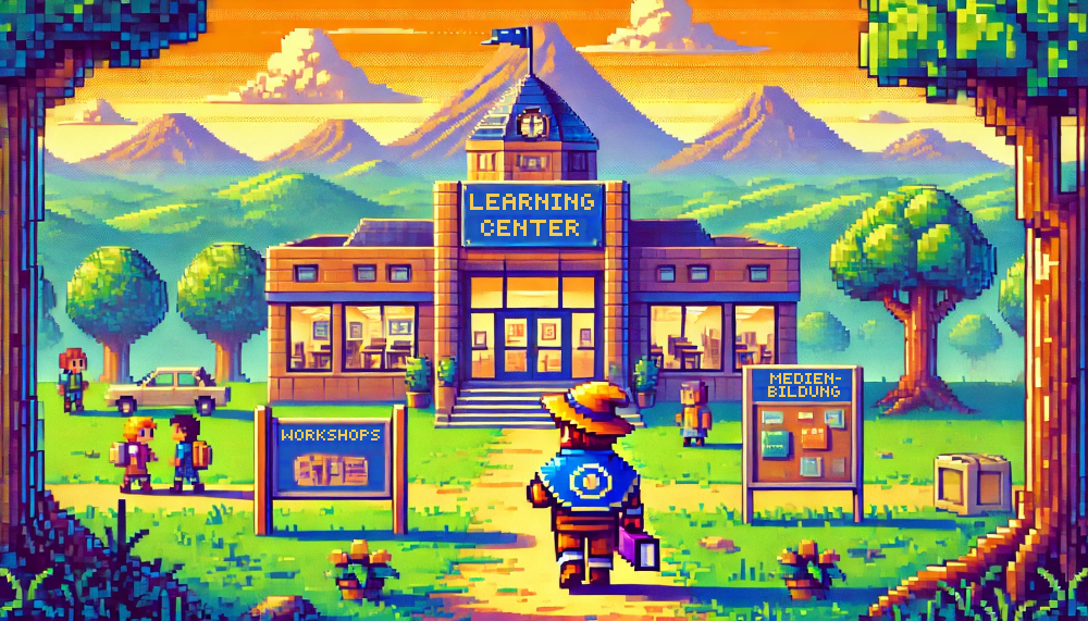 ©ChatGPT - Prompt: Learning Center in Pixeloptic with a fantasy-touch; eigene Anpassungen Das Bild zeigt ein KI generiertes Gebäude mit dem Titel "Learning Center" vor einer Berglandschaft in einer Pixeloptik. Vor dem Gebäude stehen Menschen. Im Fokus steht ein Mensch, der auf das Gebäude zuläuft und Hut und Umhang trägt, die an ein Fantasy-Setting erinnert.