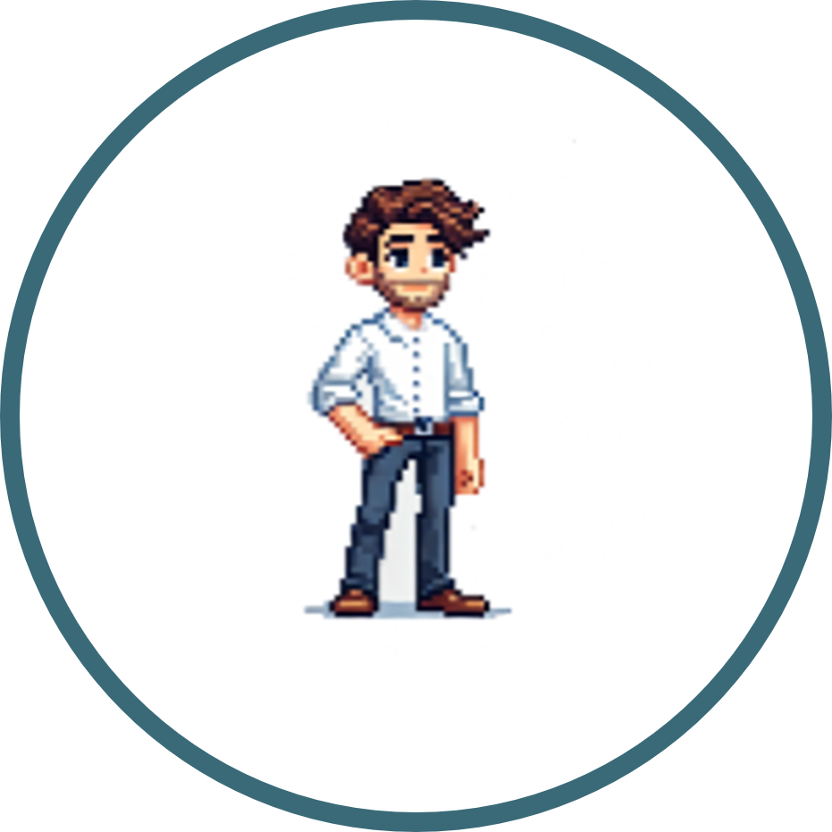 Auf dem Bild stelle ich mich selber in Pixeloptik dar. Ich bin männlich, trage ein weißes Hemd, eine dunkelblaue Jeans, dazu einen braunen Gürtel und braune Schuhe. Ich trage braunes, mittellanges Haar und einen 6-Tage-Bart. Eine Hand steckt in meiner Hosentasche und ich schaue seitlich an der Kamera vorbei.