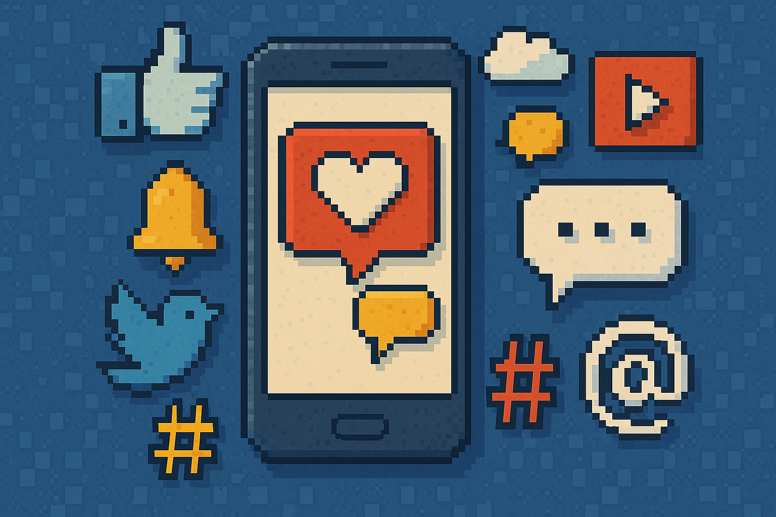 ©ChatGPT - Prompt: Social Media Stock picture in Pixeloptic Auf dem Bild ist ein Smartphone umrundet von verschiedenen Icons zu sehen, die jeweils verschiedene soziale Netzwerke repräsentieren. Es ist in Pixeloptik generiert.