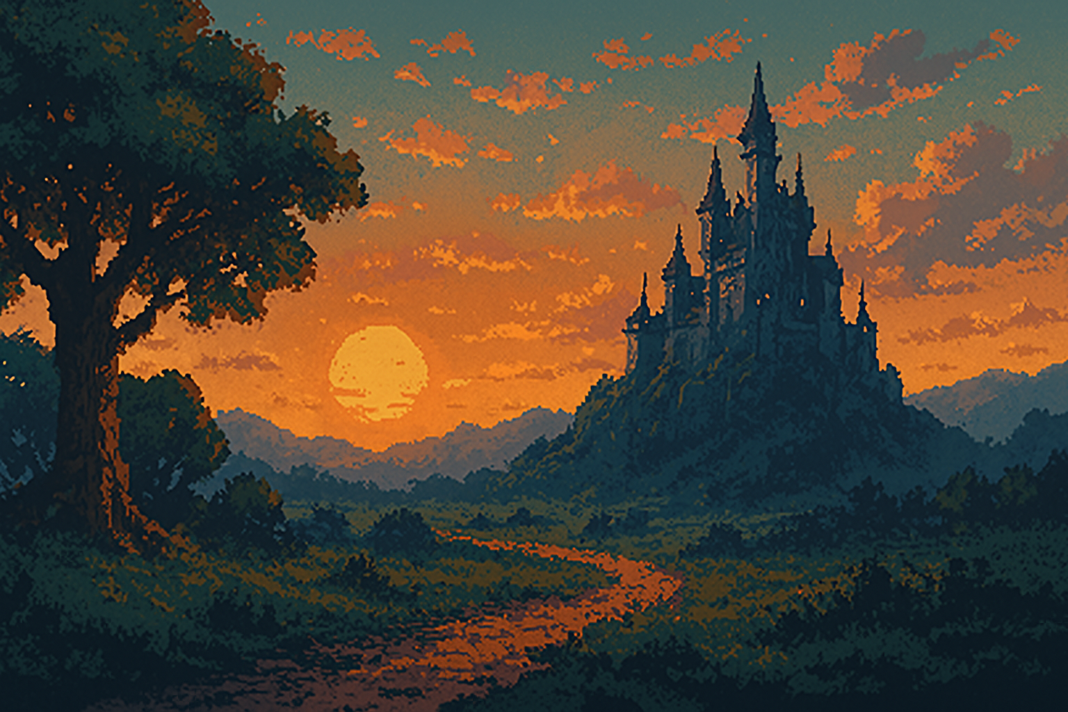 ©ChatGPT - Prompt: Fantasy-Setting Landscape in Pixeloptic Auf dem Bild ist ein Sonnenuntergang zu sehen. Zur rechten der untergehenden Sonne befindet sich ein Schloss aus einem Fantasy-Setting und auf der linken Seite ein Bau. Dazwischen windet sich ein unbefestigter Pfad, der geradewegs in Richtung des Sonnenuntergangs führt. Das Bild ist in Pixeloptik gehalten.